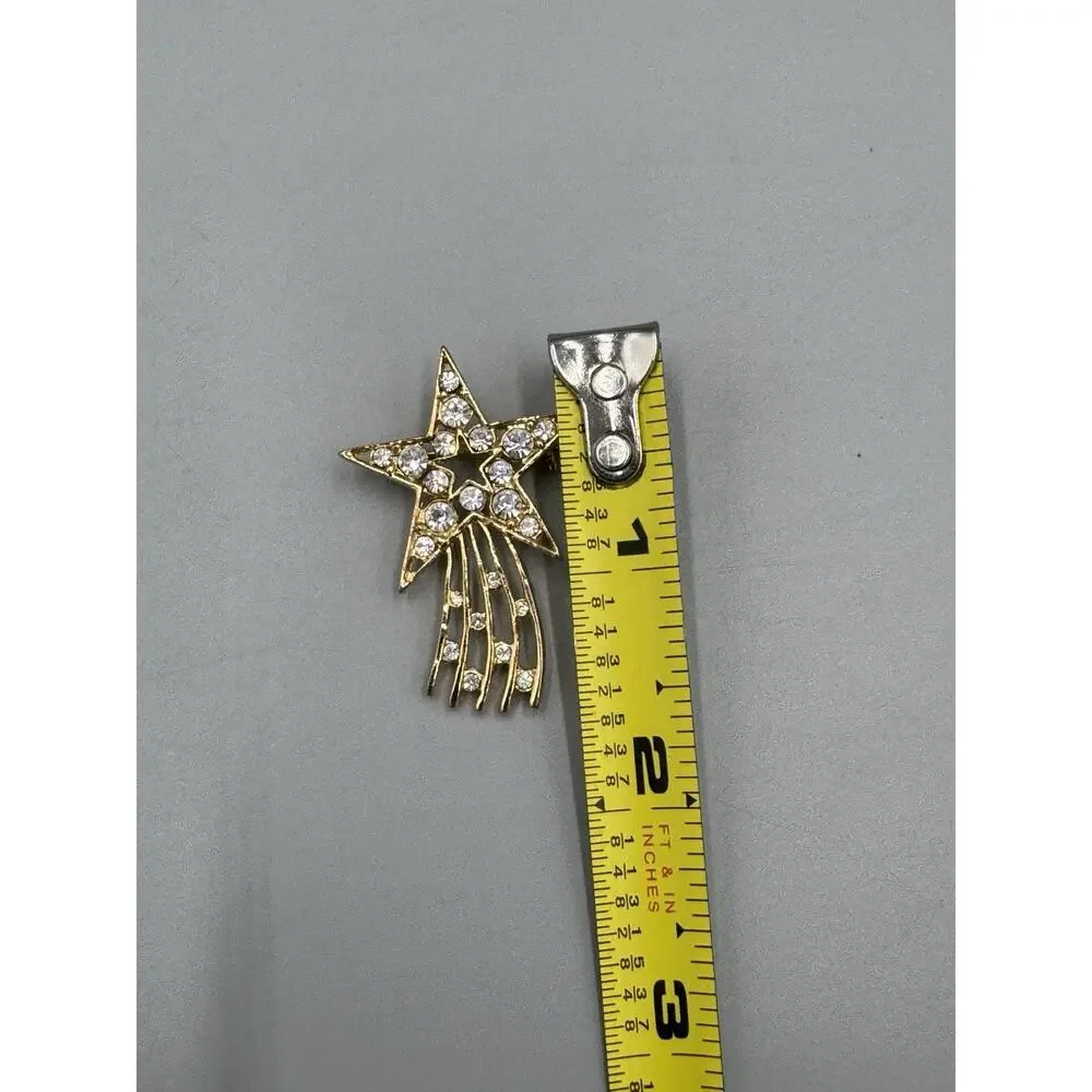 Gold Colored Shooting Star W/ Rhinestones Lapel Pin Brooch